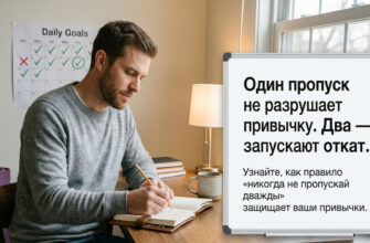 Один пропуск не разрушает привычку. Два — запускают откат. Узнайте, как правило «никогда не пропускай дважды» защищает ваши привычки, помогает быстро возвращаться после сбоев и сохранять дисциплину без чувства вины. Правило двух раз, или что такое железная дисциплина. Создано при экспертной поддержке Владислава Капота
